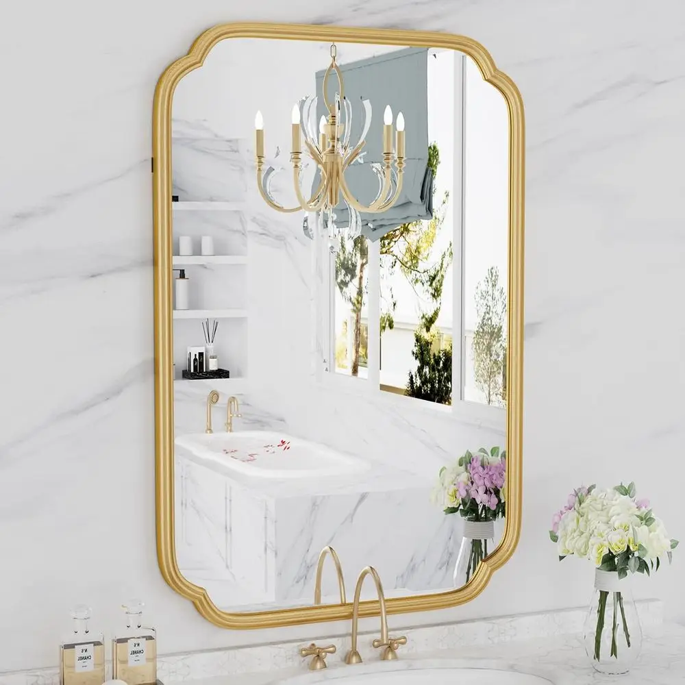 

Gold Bathroom Mirror or Wall 20" x 30" ern Rounded RecMirror with Non-Rusting Iron Metal ed Bathroom Vanity Mirror or Over Sink