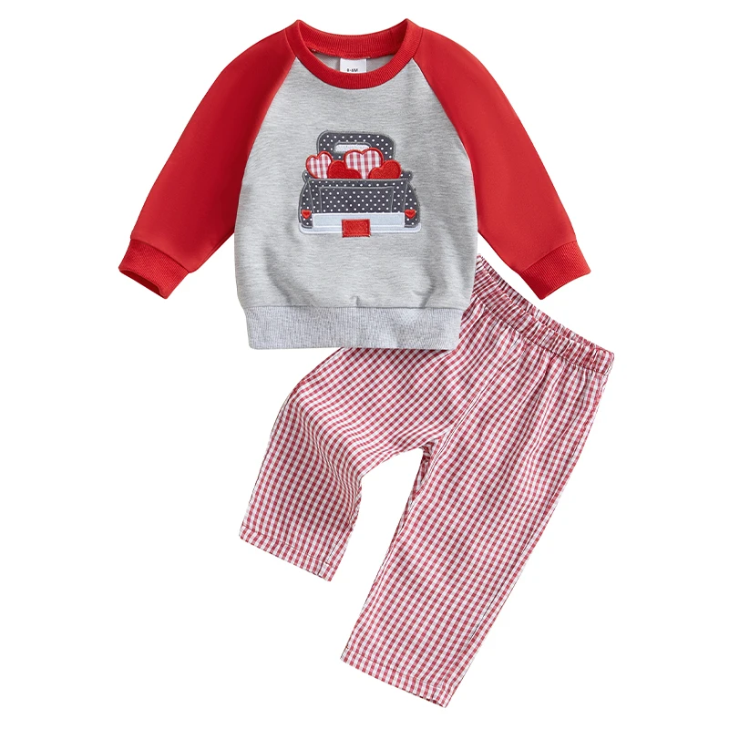 Baby Boy Valentine Outfit Truck Embroidery Long Sleeve Sweatshirt and Plaid Print Pants 2 Piece Clothes for Toddler