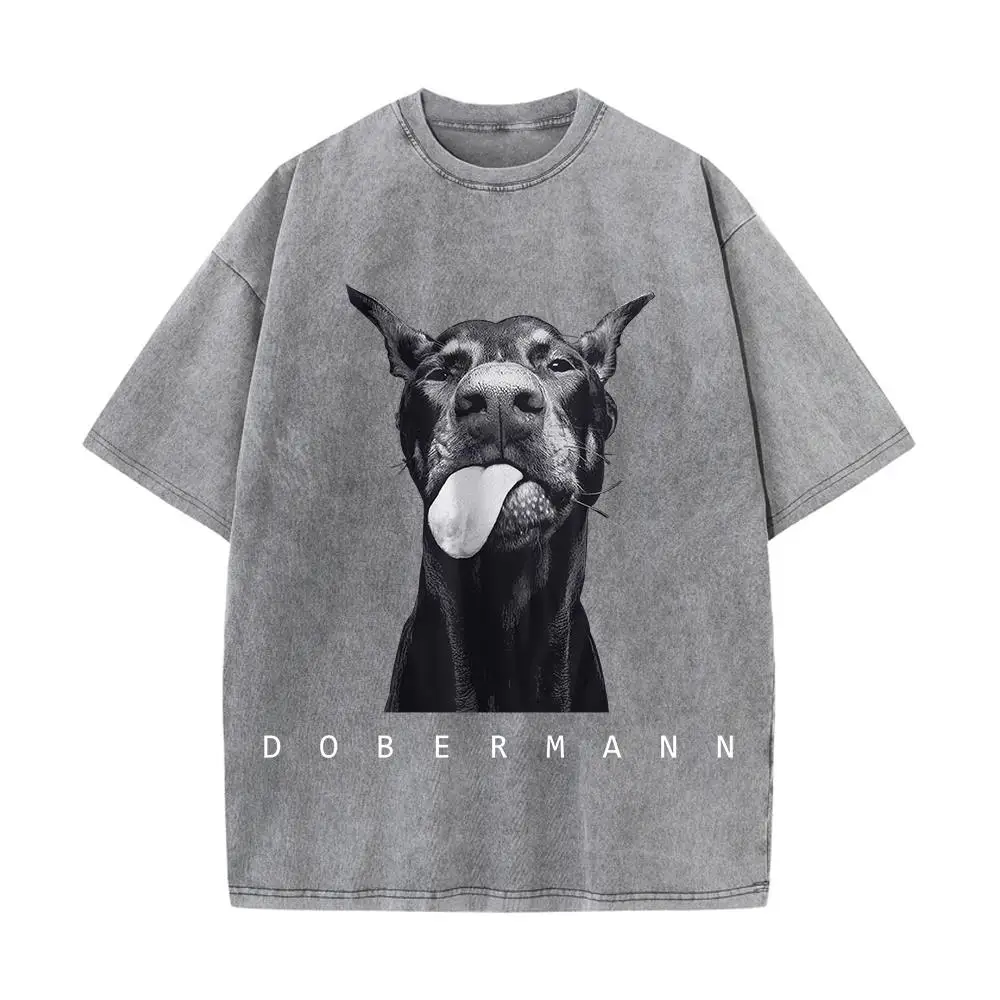 เสื้อยืดผ้าฝ้ายฟอกสำหรับผู้ชาย พิมพ์ลายโดเบอร์แมนที่ทันสมัยและสร้างสรรค์ แขนสั้น คอกลม ทรงหลวม สไตล์สตรีทแวร์แบบดูเก่า