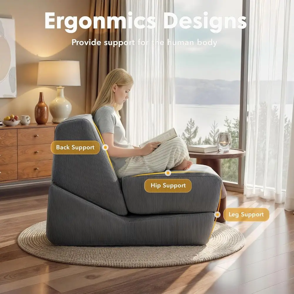 سرير أريكة سروال قصير رمادي قابل للطي، كرسي صالة متعدد الأغراض مع مسند ظهر للمساحات الصغيرة، مثالي للشقق والمساكن #4