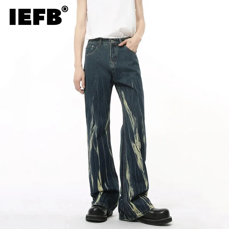 IEFB Niche Design Men Jeans Tie-dye Vintage Boot Cut Trousers Contrast Color Casual Male Denim Pants Autumn Personalized 9C8502