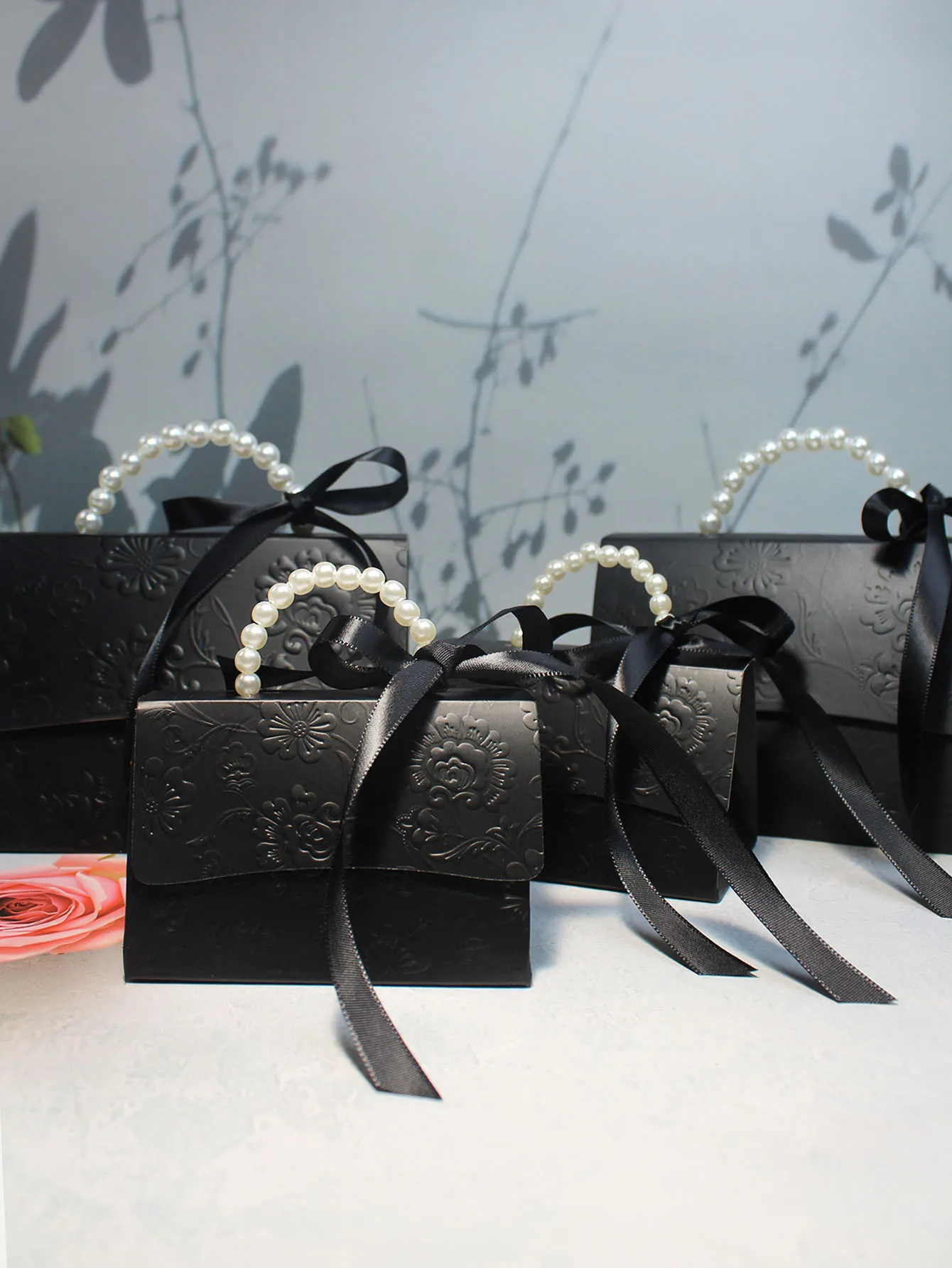 Stylish Embossed Gift Box in Black White Variants with Satin Ribbons Pearl Handles Available in Multiple Sizes for All Occasions