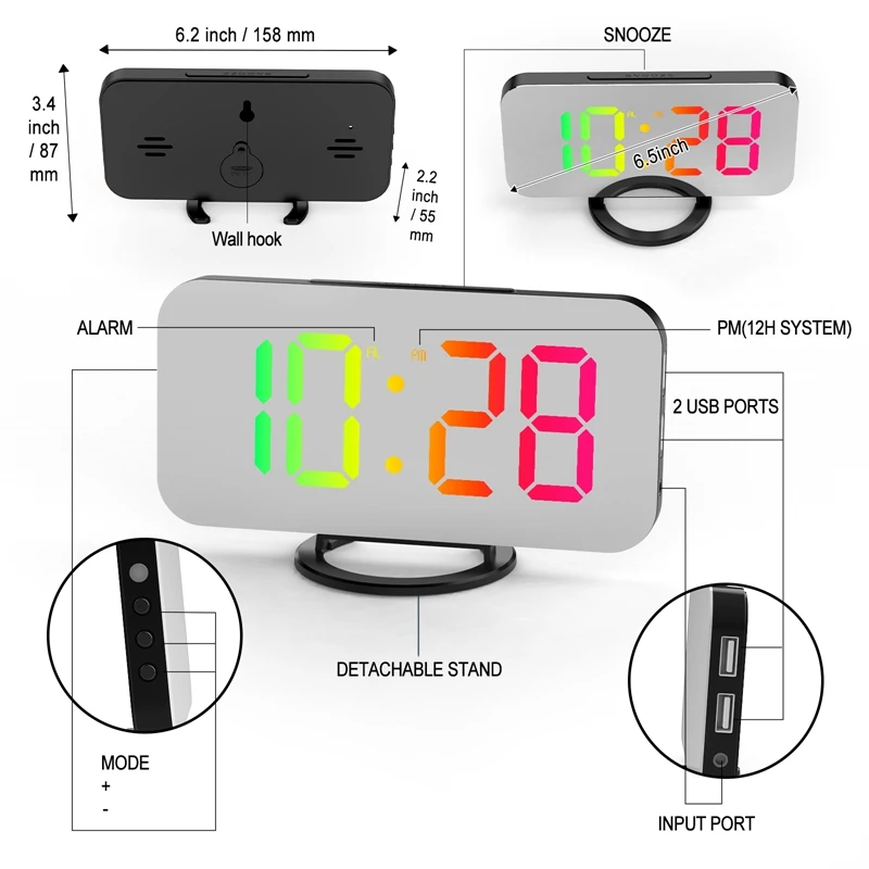 Полностью цифровой будильник RGB, красочный большой экран, умный зеркальный будильник, дисплей даты для украшения комнаты