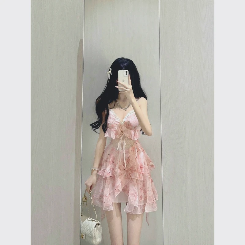 

Summer 2025 New French Sweet and Spicy Waist Suspender Floral Lace Irregular Thin Lotus Leaf Dress Bodystocking Lingerie Gay