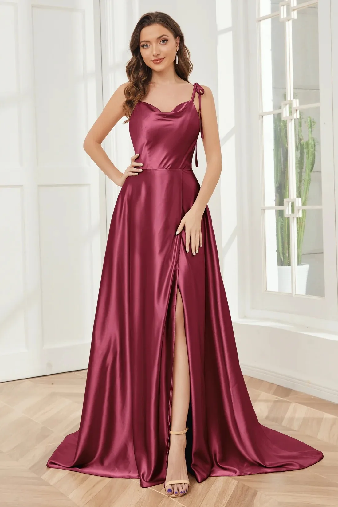 Cowl Neck Prom Dress Adjusted Spaghetti A-line Elegant Bridesmaid Dress Silky-satin Silhouette Birthday Wedding Party Dress