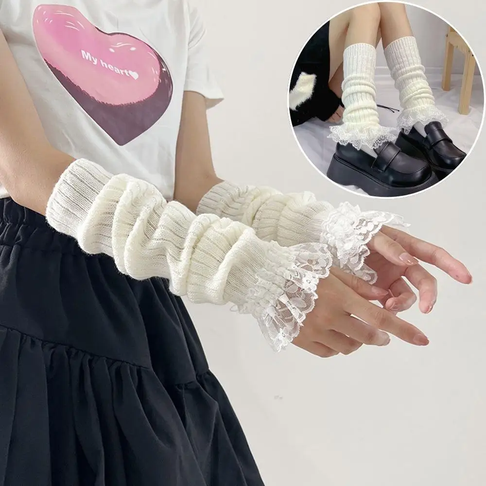 Calentadores de brazo de punto dulce Y2K, guantes sin dedos de manga larga de encaje suave, mitones góticos Punk para chicas Harajuku, accesorios de moda