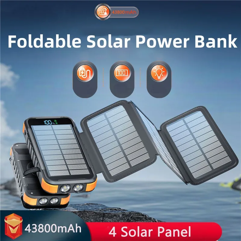 Waterproof Foldable Solar Power Bank 43800mAh Portable Charger for iPhone 15 14 Huawei PD 20W Fast Charging Powerbank with Light