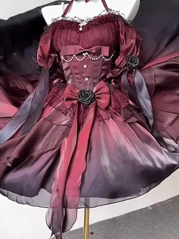 2025 كلمة واحدة طوق الرقبة القوس رقيق فساتين حفلات الأميرة الأسود والأحمر التغيير التدريجي الحلو عالية الخصر فستان الزفاف لوليتا