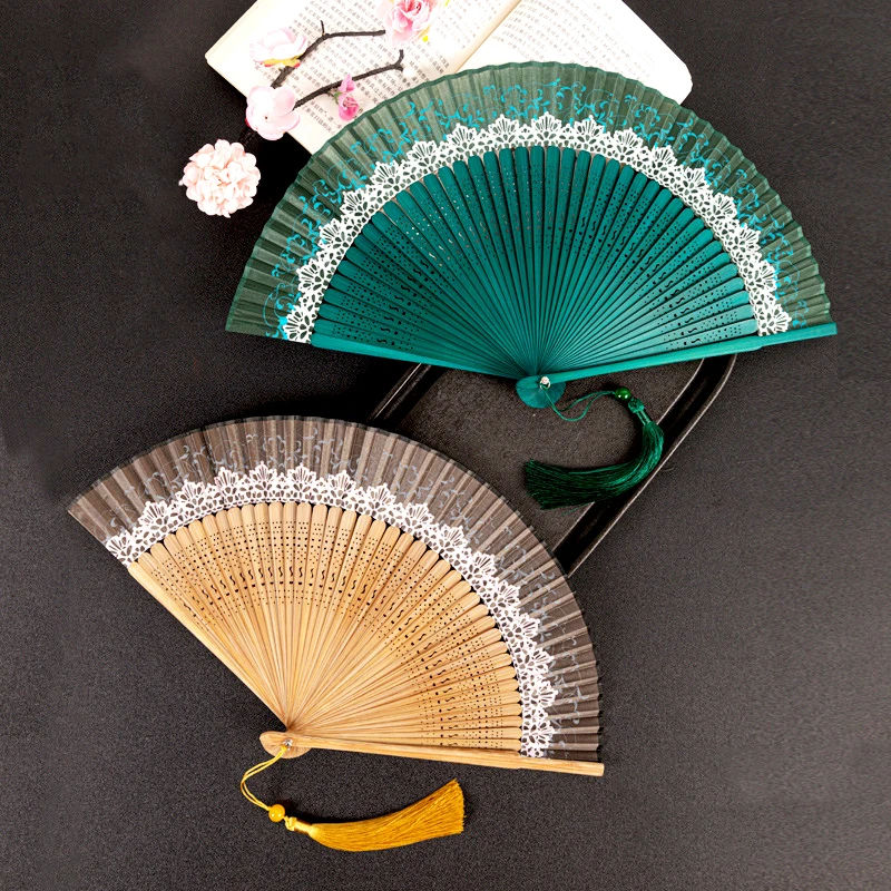 Women Chinese Style Printed Folding Fans with Tassels Dance Performance Props Party Show Accessories Art Craft Gift Elegant