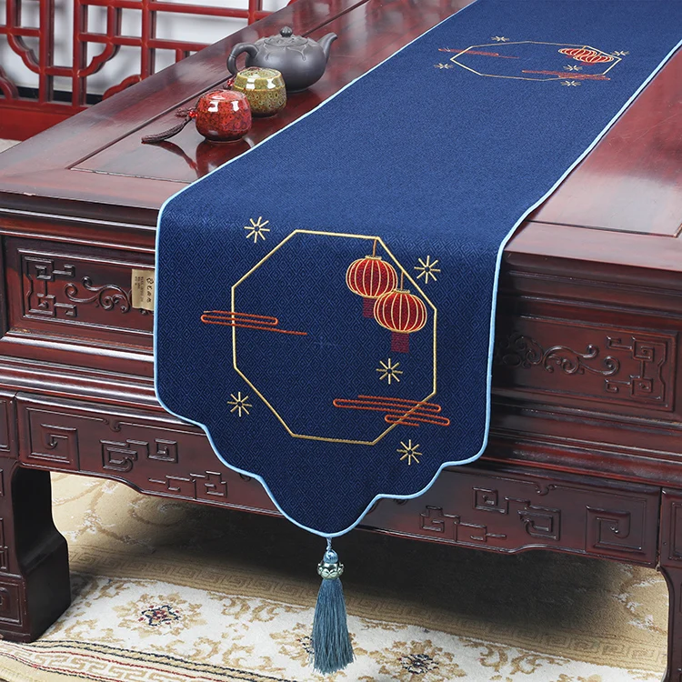 Custom Waterproof Fine Embroidery Lantern Table Runners, Chinese Style Tea Coffee Tablecloths, Protective Dust Covers