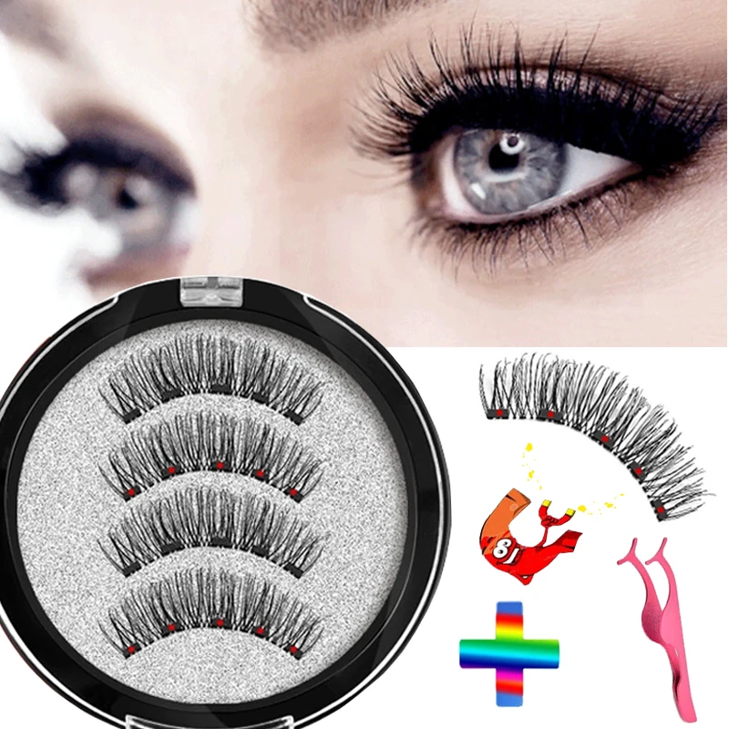 Anlinnet 4PCS 5 Magnets 3D Magnetic False Eyelashes Handmade Artificial Faux Cils Magnetic Natural Mink Eyelashes with Tweezers