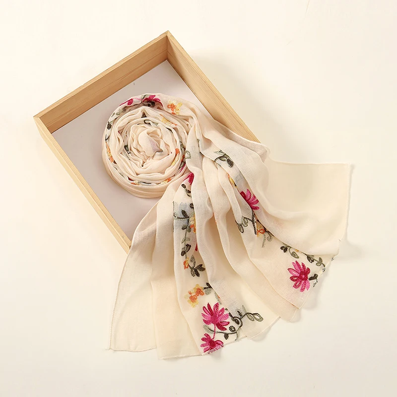 Plain Flower Embroidery Hijab Scarf Viscose Muslim Hijab Shawls Women Soft Long Towel Wraps Elegant Casual Heabscarf Turban