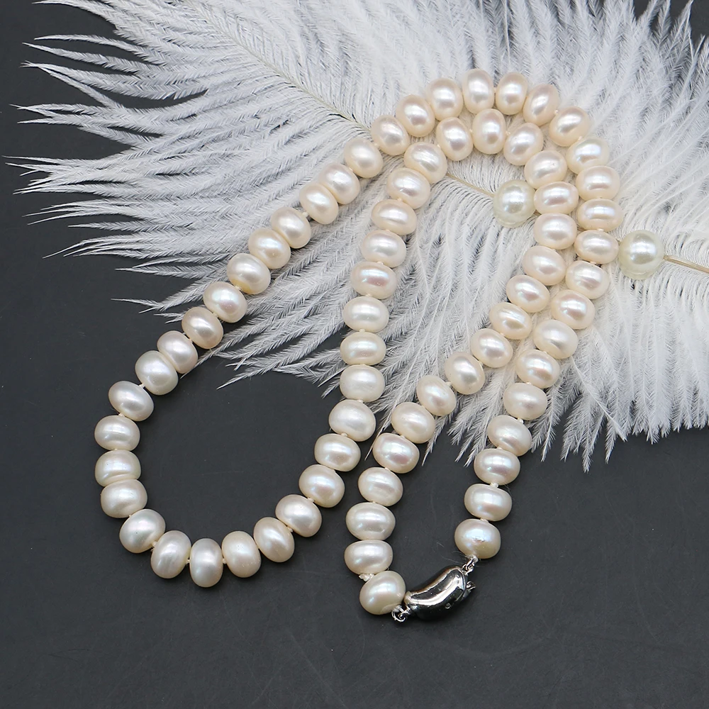 New Fashion White Natural Freshwater Pearl Necklace Flat Shape Straight Hole Threaded Pearls Jewelry Gifts for Women 7-8mm