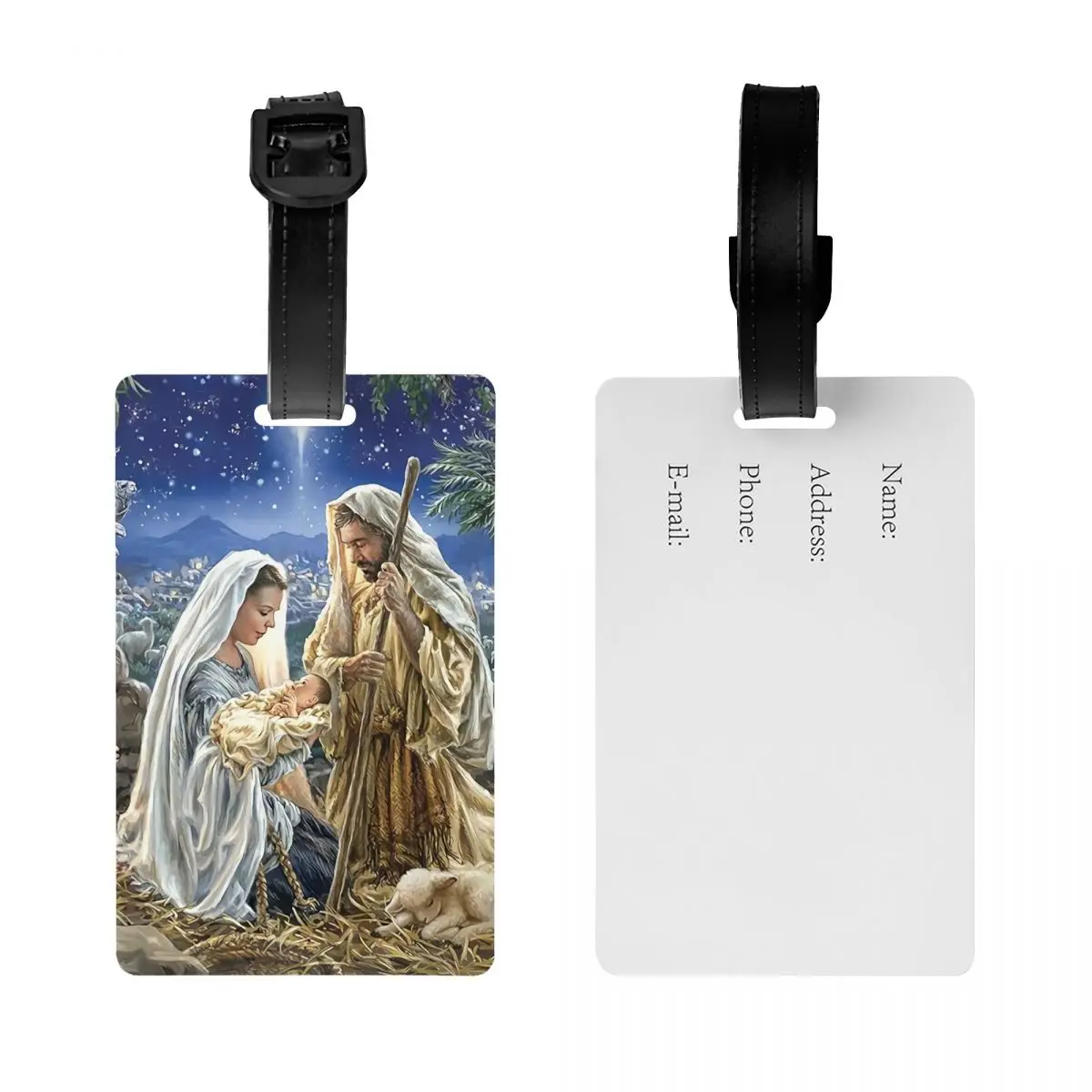 Custom Let Us Adore Him Luggage Tag Nativity Scene with Baby Jesus. Privacy Cover ID Label for Travel Bag Suitcase