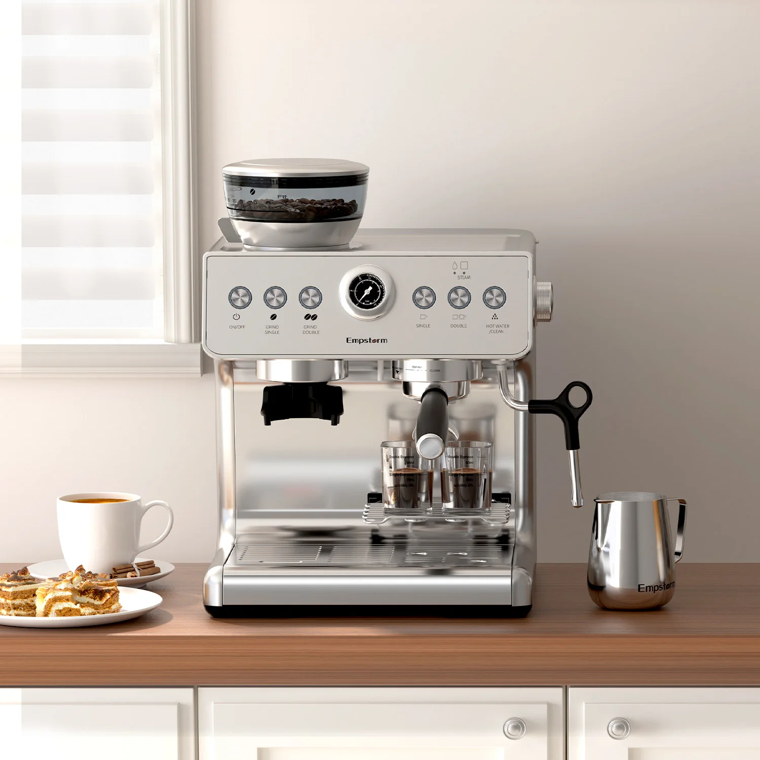 

Кофемашина для эспрессо 21M 1450W с системой заваривания, вспенивателем молока и кофемолкой для использования в автодомах, автомобилях, на кемпингах и в отелях