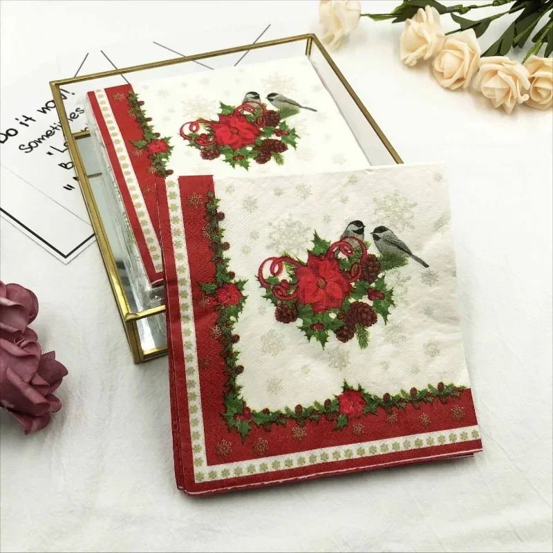 20pcs/P 2-Ply Christmas Style Red Lace Bird Colourful Printed Napkin Festive Party Paper Napkin Mouthcloths Low Price Promotion