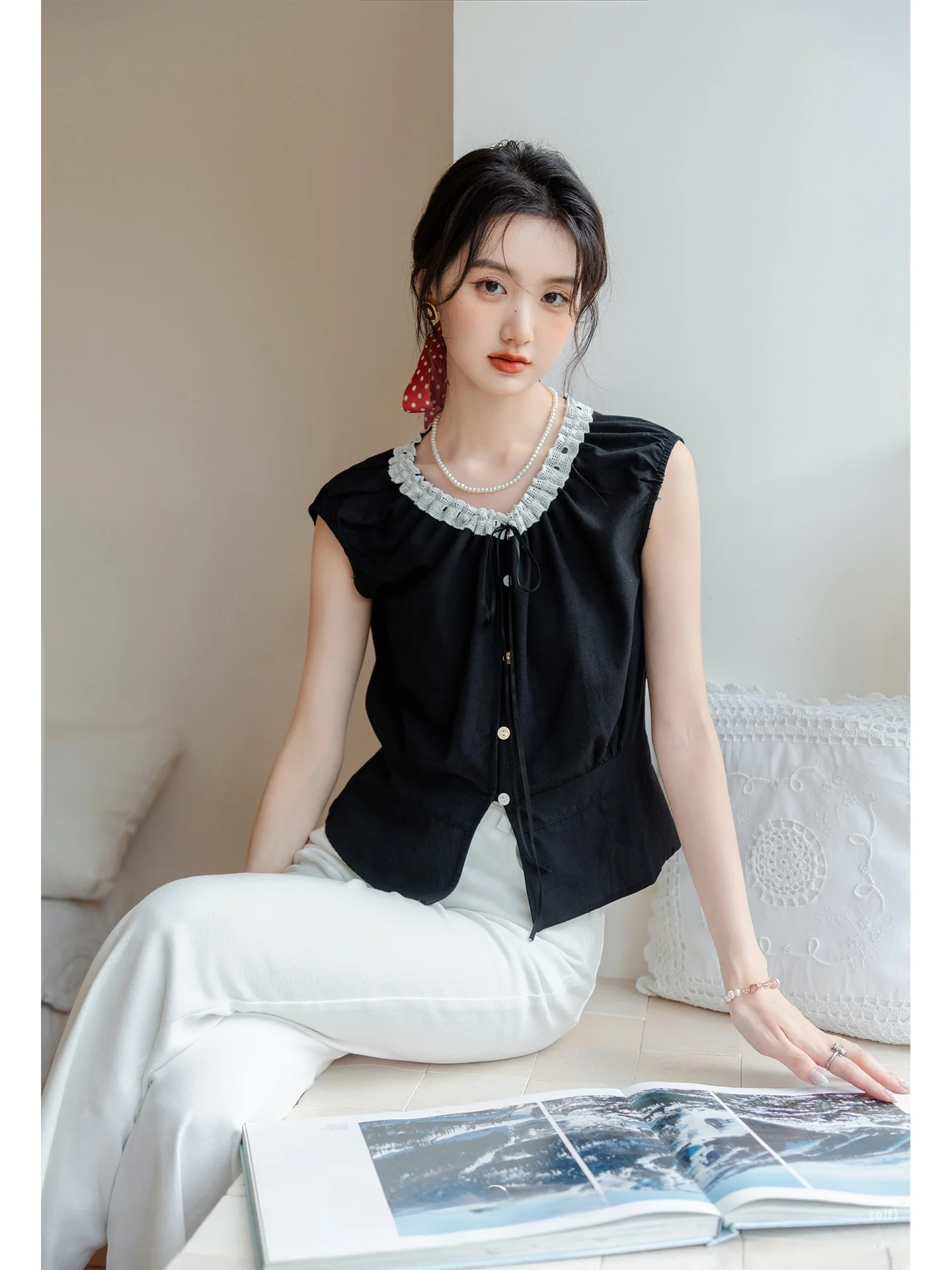 

Ele Bla Vest Strap Women's Summer Svel Top Outerwear Branch Rollover Unique Beautiful High-End Feel Commute Sle