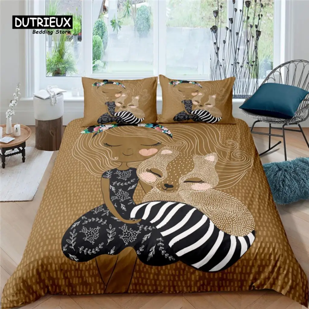 Home Living Luxury Fox Print 2/3Pcs Soft Duvet Cover PillowCase Queen and King Size Kids Bedding Set EU/US/AU Size