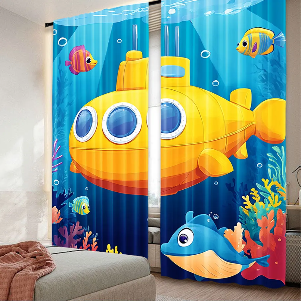 2Pcs Undersea Scenery Submarine Small Fish Water Plants Curtain Suitable For Living Room Bedroom Store