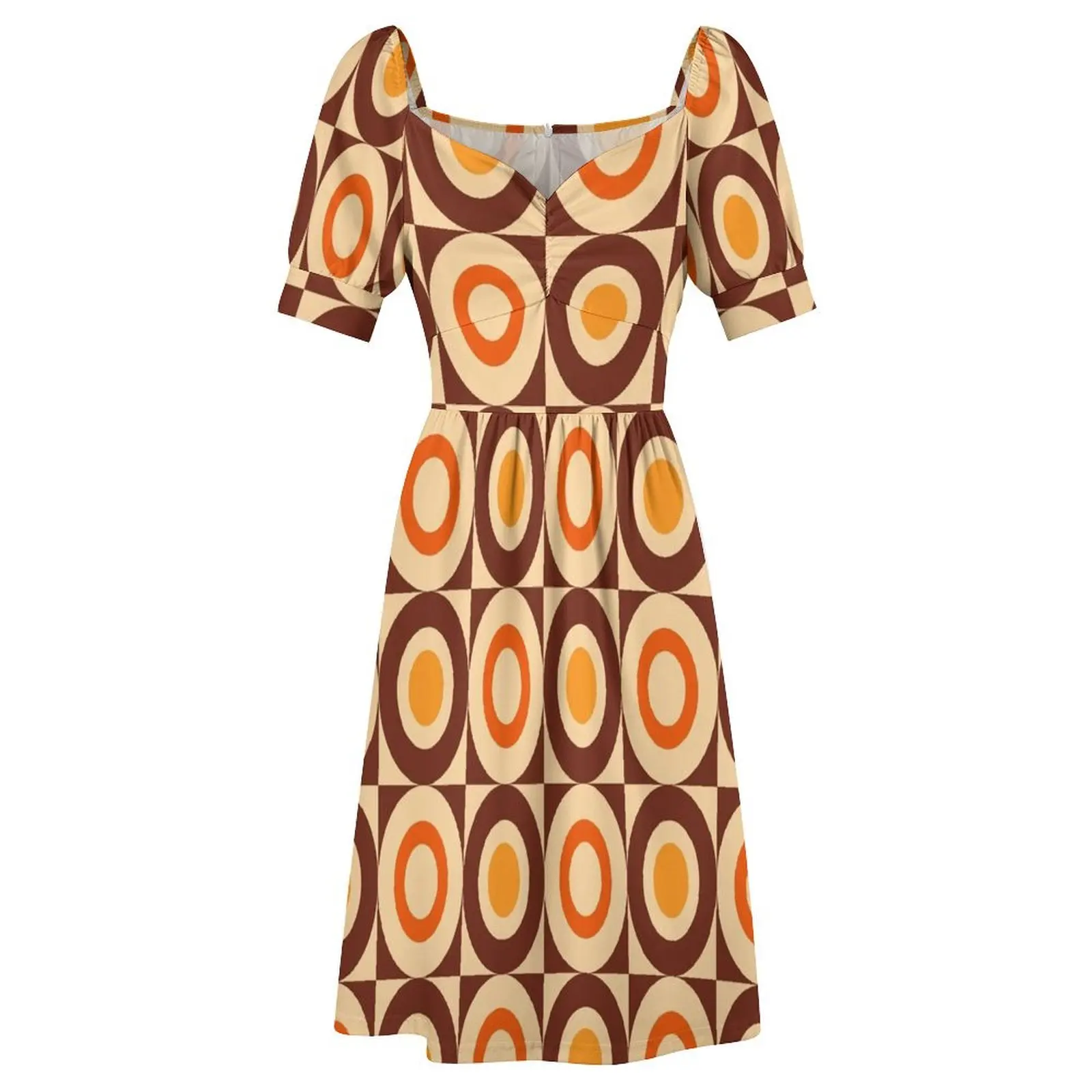 70s Retro Vintage Style Geometric Design Brown Orange Yellow and Beige Short Sleeved Dress dresses for woman 2025 Dress