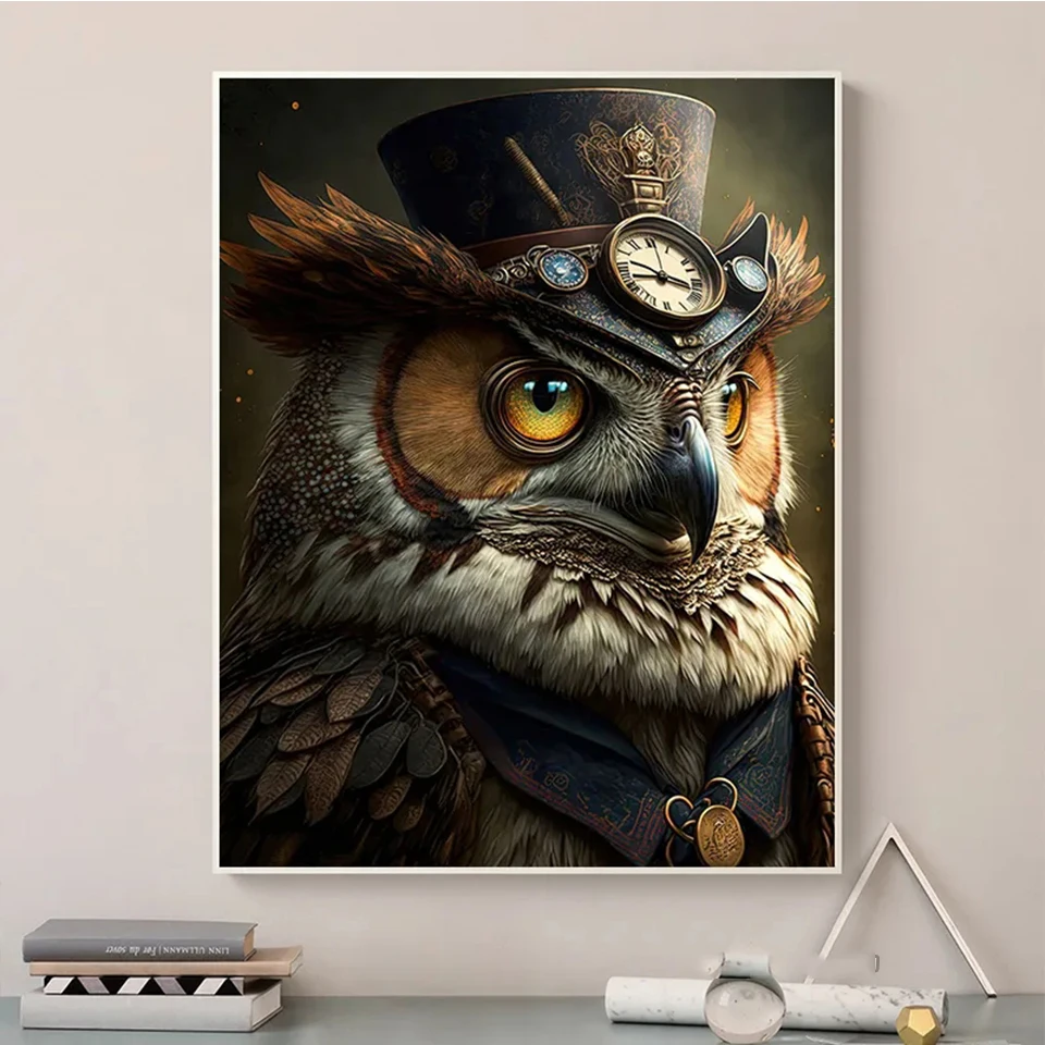 Full Round Drill Diamond Painting Vintage Owl Cat Raccoon Ape Steampunk Animal Portrait Diamond Embroidery Mosaic Art X1298