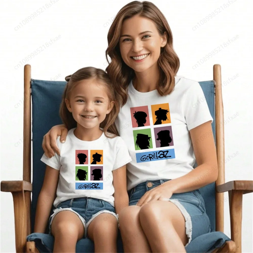 

Family Matching Outfits Mommy and Me Top Kids Boys Child Print Gorillaz Tee Funny T-shirts Summer Short Sleeve White Tshirt