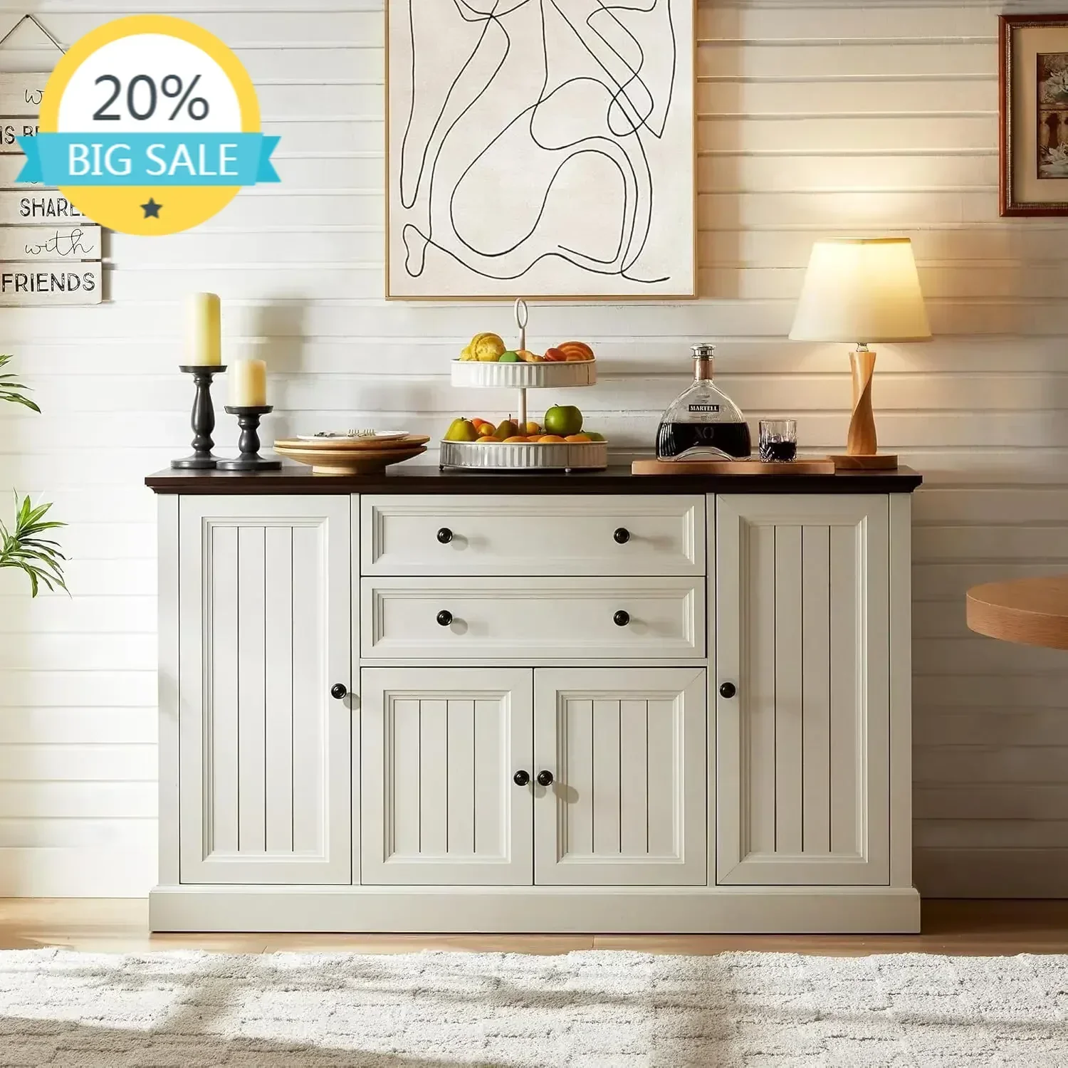 [Hot Deal, Best Seller!]58"  Cabinet with Storage,34" Tall Coffee Bar  w/2 Large Drawers&4 Grooved Barn Doors,Sideboard