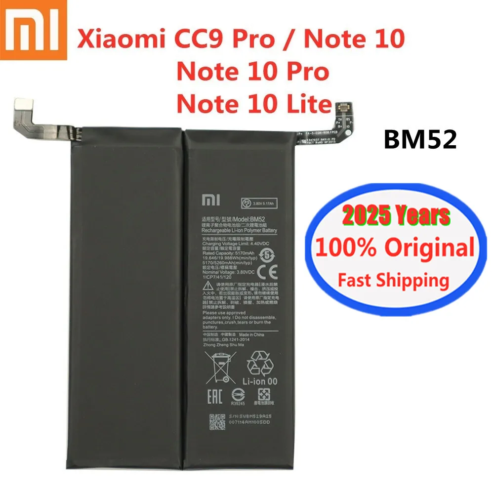 2025 Years New 100% Original Battery For Xiaomi Mi Note 10 Lite 10Lite / Note 10 Pro 10Pro / CC9 Pro BM52 5260mAh Phone Bateria