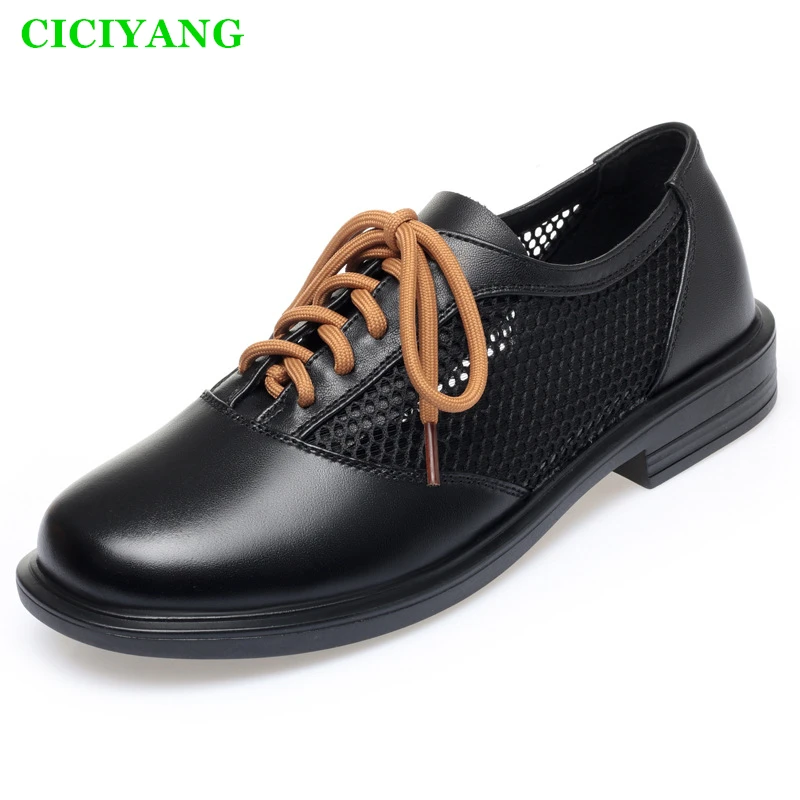 

CICIYANG Women's Shoes Genuine Leather Mesh Single Shoes 2024 Summer New Lace-up Loafers Ladies Hollow Casual Sandals Large Size