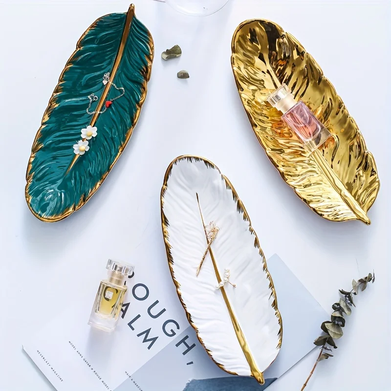 Gold Plated Feather Shape Ceramic Tray Jewelry Trinket Dish Nordic Vanity Organizer for Rings Earrings Keys Home Table Decor