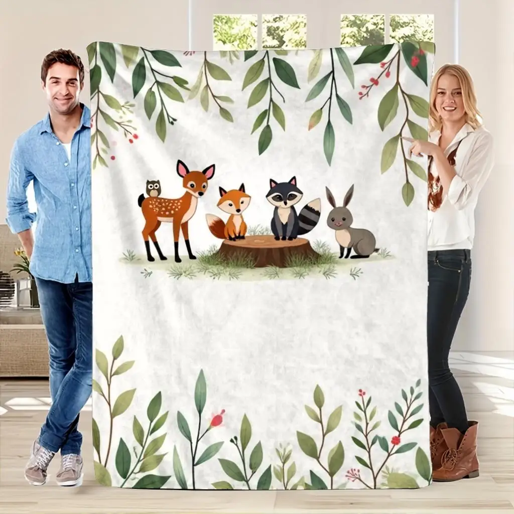 1pc Whimsical Animal Print Flannel Throw Blanket - Cozy Deer, Fox, Raccoon & Rabbit Design with Green Foliage, Soft & Warm for All Seasons, Perfect for Sofa, Bed, Office, or Travel, Ideal Holiday & Birthday Gift, Allseason Throw|Playful Animal 280GSM
