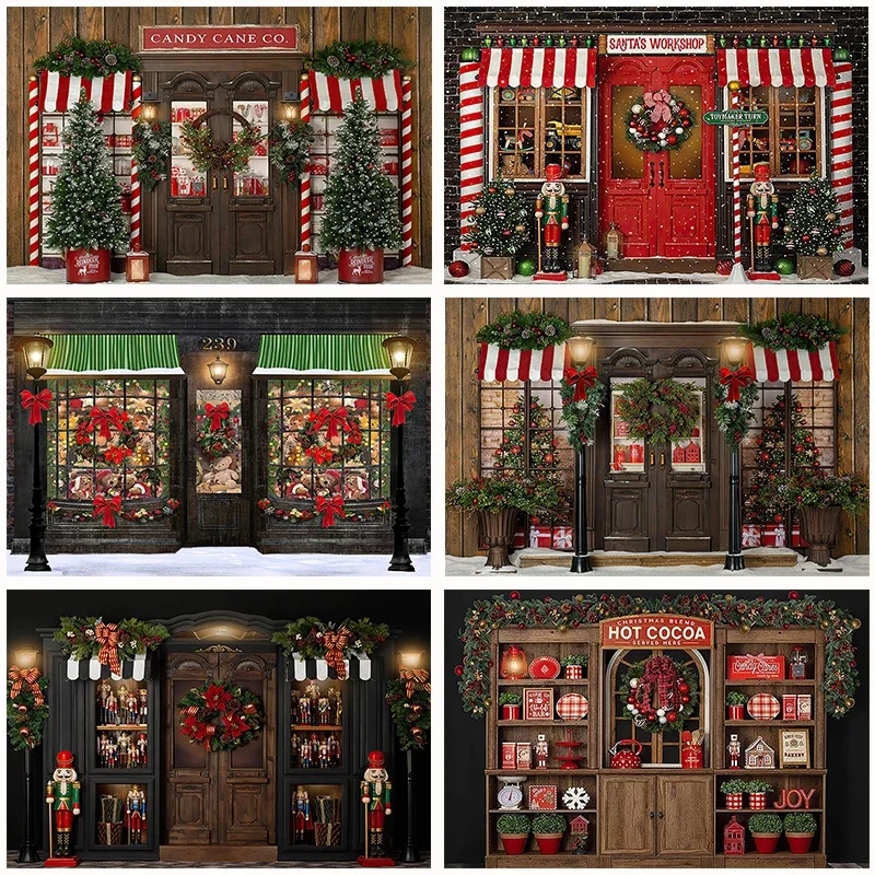 Christmas Gift Shop Snow House Photography Background Santa XMAS Tree New Year Backdrop Wreath Studio Prop Home Party Banner