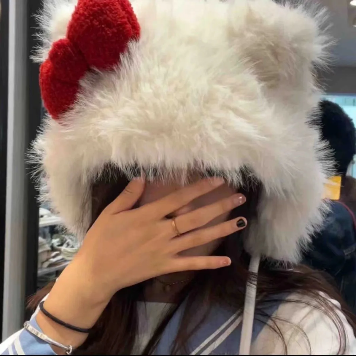 

Cute Cat Bow Plush Hat Russian Outdoor Men Women Winter Plush Ear Protection Cap Velvet Warm Cold M506