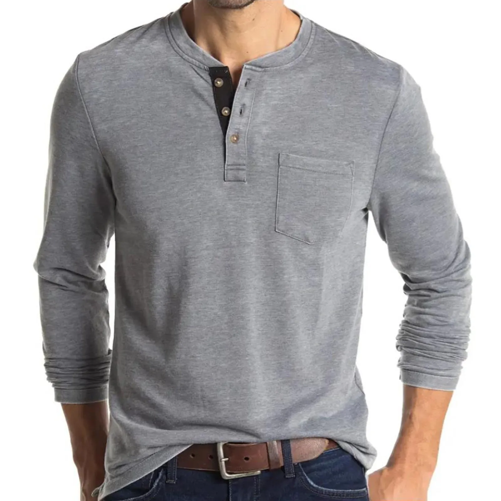 Men\'s Henley Collar Long Sleeved T-shirts Solid Casual Top Single Breasted Pocket TShirt Soft Comfy Bottoming Shirt for Autumn