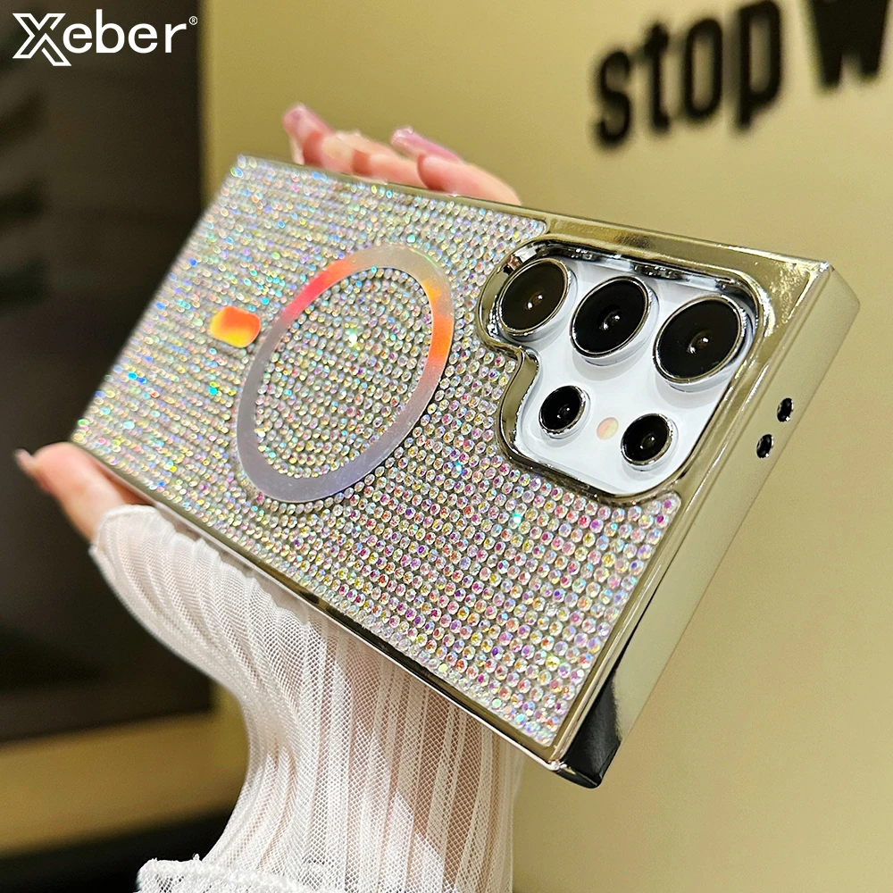 

Роскошный магнитный чехол для телефона с бриллиантами и стразами для Samsung S24 Ultra S23 Ultra, противоударная задняя крышка с беспроводной зарядкой