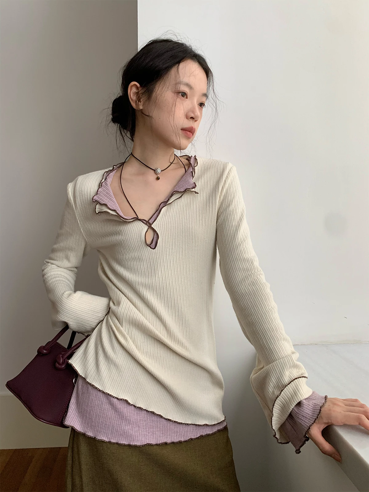 

Dorydory Long Sve Knitted Base Layer T-irt Color Blo Slimming Unique Beautiful Underwear Top for Women