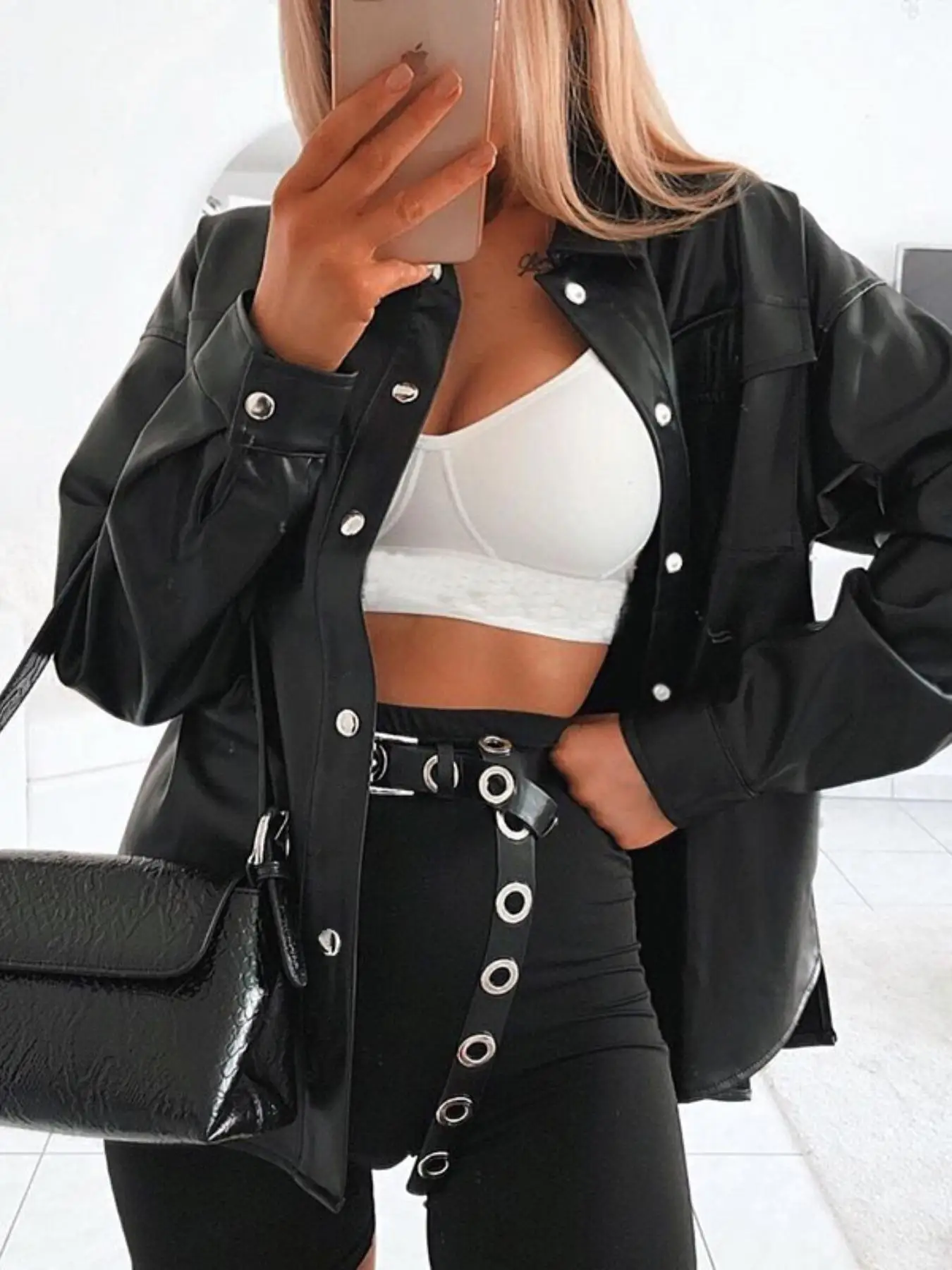 

Chic Long-Sleeved Off-Shoulder Metal Snap-Button Pu Leather Shirt Jacket, Fashionable Women's Spring Jacket, Suitable for Casual