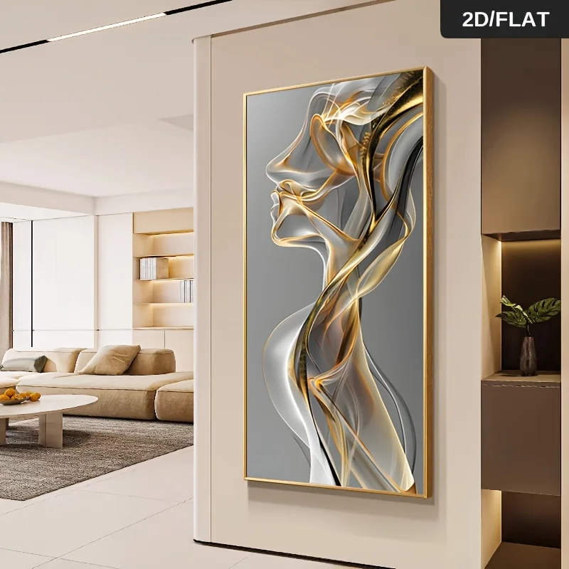 1pc frameless Canvas Painting 2D Flat Frameless Modern Abstract Profile Line Wall Art Prints - Minimalist Golden & Black Canvas