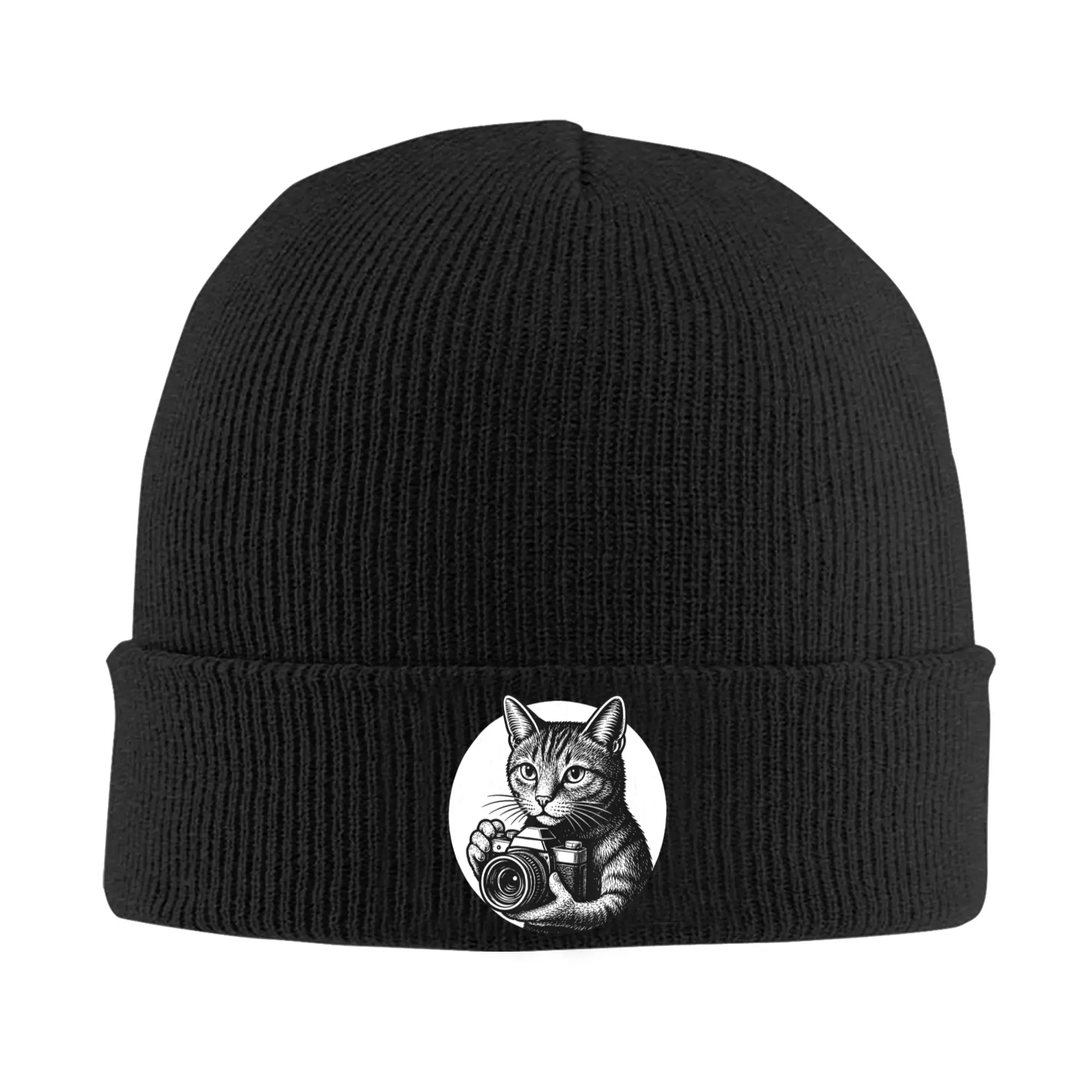 Men Women Unisex Cat Photographer Holding Camera Beanie Hats  Cool Knit Hat Autumn Kpop Caps Graphic Warm Soft Bonnet Hats