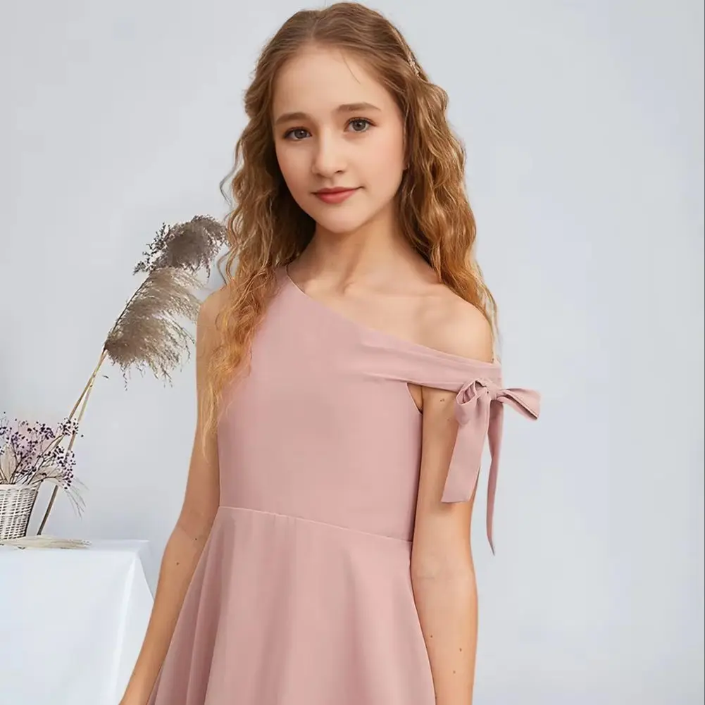 

VCA Kids A-Line One Shoulder Floor-Length Chiffon Junior Bridesmaid Dress with Bow Dusty Rose Charming Flower Girl Dresses Party