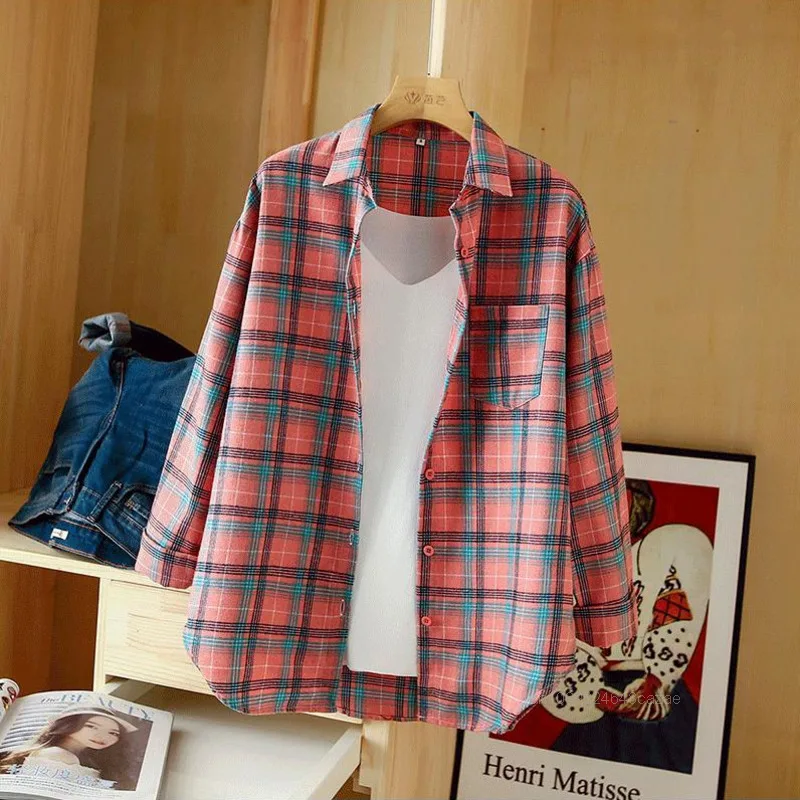 Disney tureMouse-Chemise à Carreaux pour Femme, Chemisier à Manches sulf, Version Coréenne, Tendance Simple, Chemise Polyvalente, Printemps et Automne, Nouveau