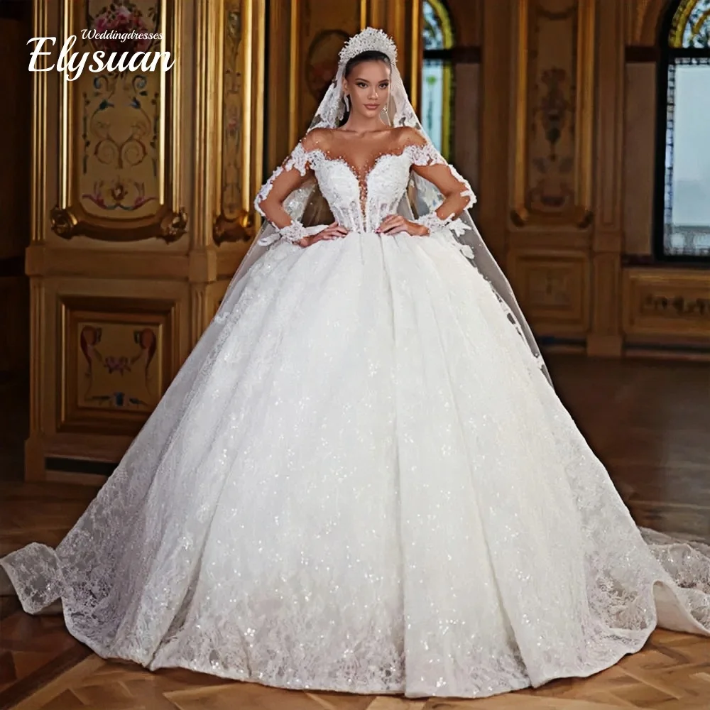 

Customized Graceful Long Sleeve Wedding Dresses Luxurious Beaded Bridal Gown Formal Beaded Gown vestidos de novia
