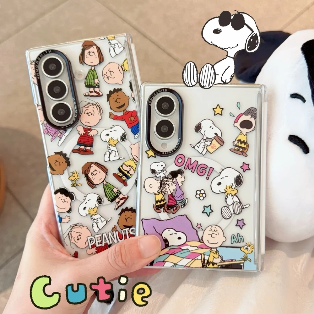 Cute Cartoon Peanuts Snoopy Magnetic Holder Magsafe Wireless Charge Phone Case For Samsung Galaxy Z Fold 8 7 Ultra Hard Cover