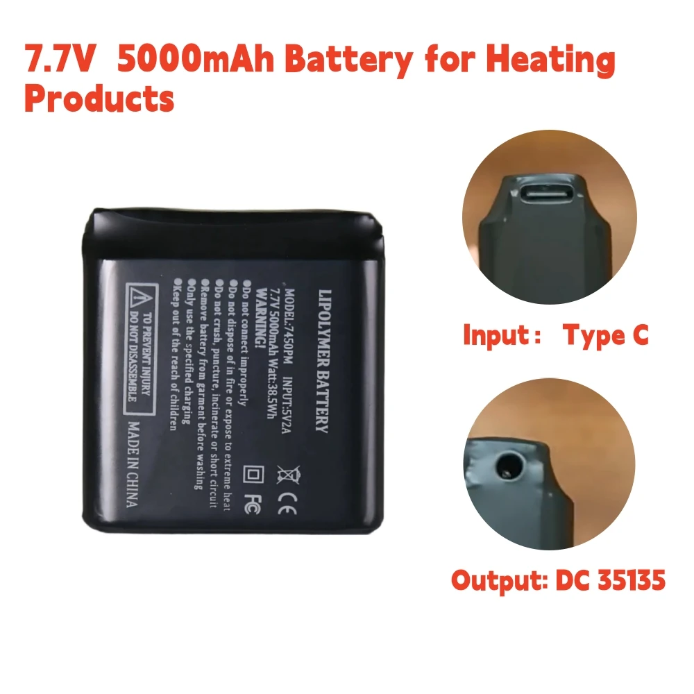 Cargador para guantes calefactores, batería de 5000mAh, batería Universal de salida de CC de polímero de litio de 7,7 V/3,7 V para producto de calefacción, manta para zapatos