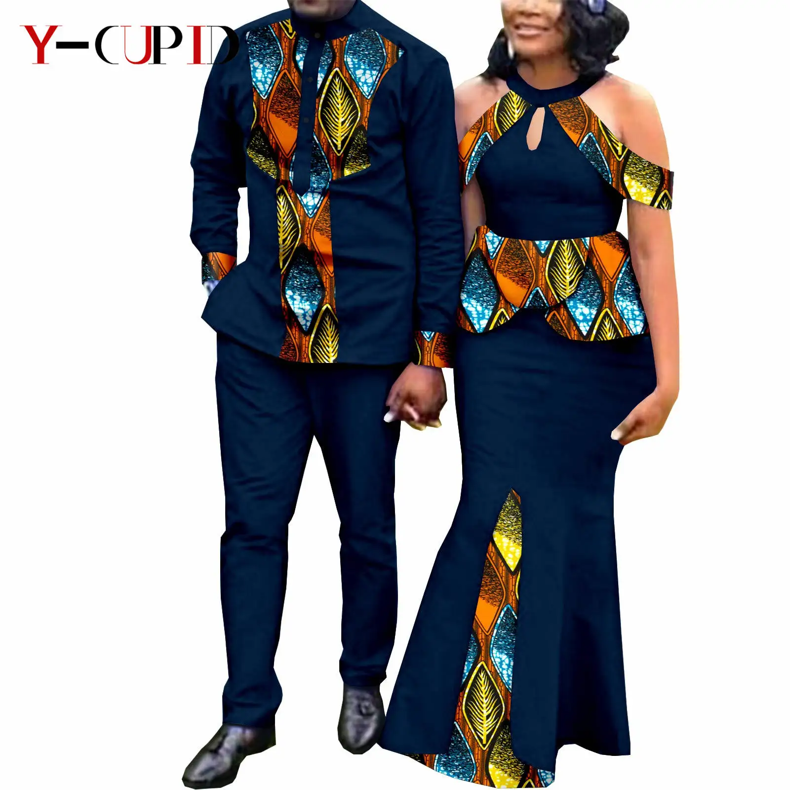 African Dresses for Women Match Bazin Lover Couple Clothes Print Mermaid Evening Dresses Men Outfits Shirt and Pant Sets Y21C024