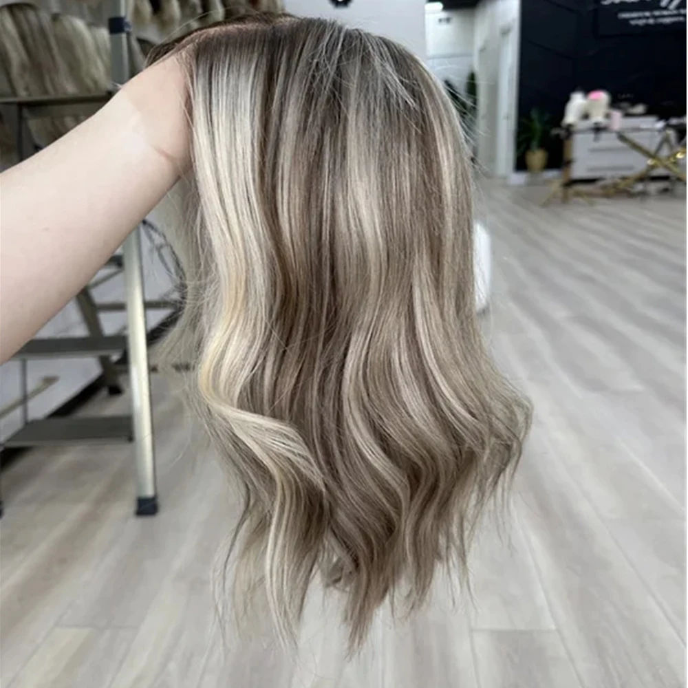 Dark Ash Blonde Brown Highlights Synthetic Lace Front Wig Short Cut Loose Wave Glueless Wigs Original Factory Wigs Small Cap Siz
