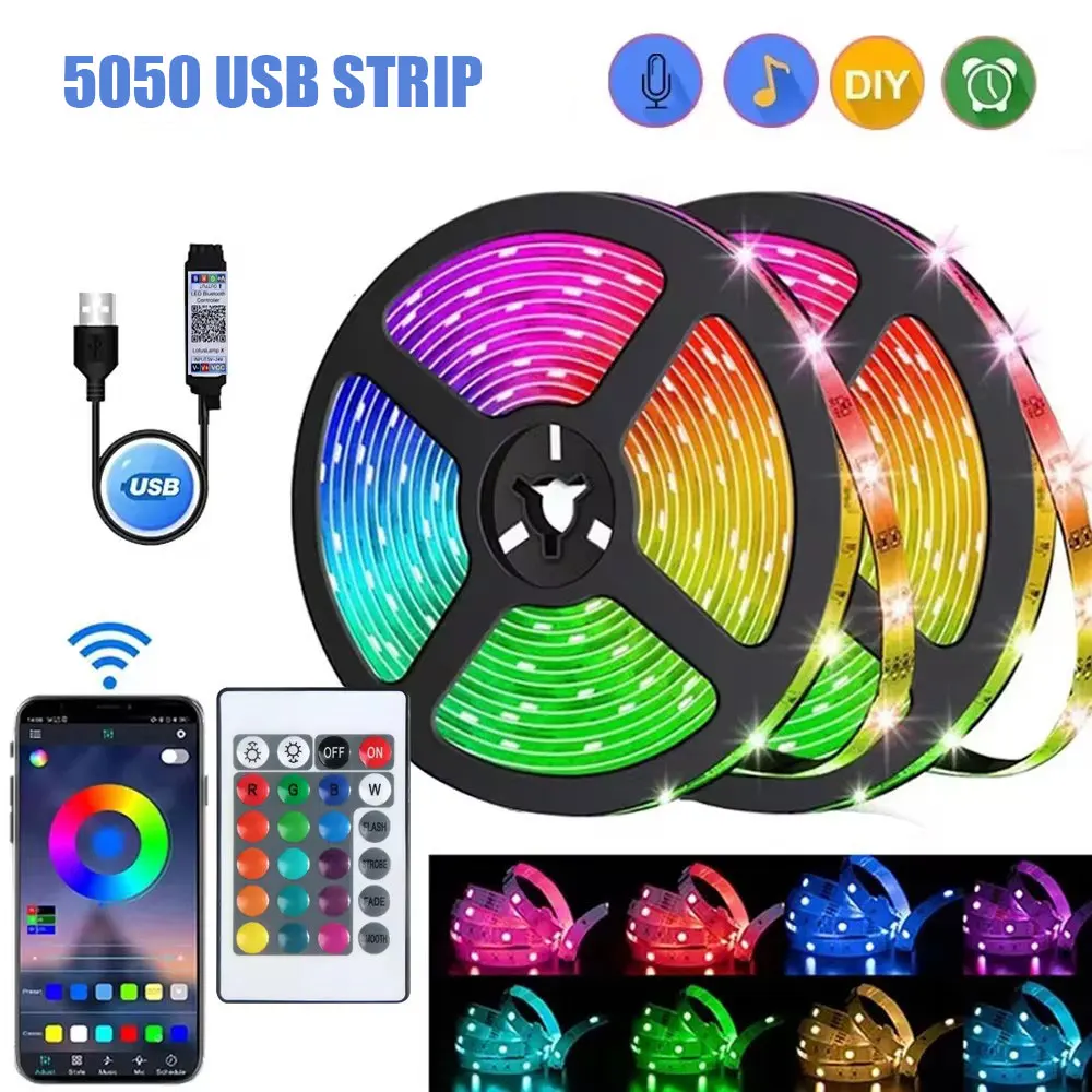 

Светодиодная лента RGB 5050 с ИК-пультом, USB-подключение, 24-клавишное управление, высокая яркость, для создания праздничной атмосферы