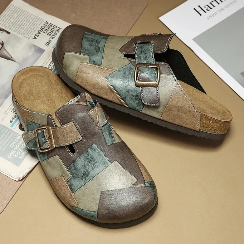 Slip-on Clogs Slides Leather Sandals Fashion Slippers Unisex Cork Closed Toe with Adjustable Buckle Backless Comfort Footbed