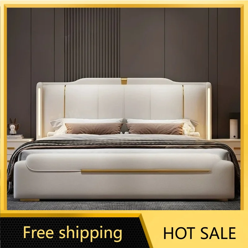 LSItalian style Affordable Luxury Genuine leather bed Modern Simple master bedroom High-End Atmospheric soft pack wedding bed