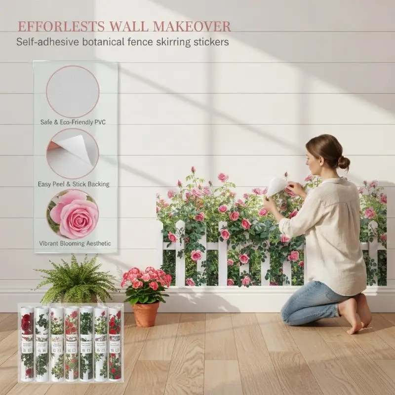 Rose Fence Flowers Wall Art Decor Living Room Self Adhesive Wall Stickers For Bedroom Office Decoration
